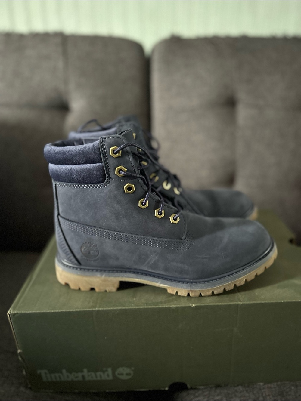 Timberland Navy Blue Nubuck 6" Lace-Up Work Boots with Tan Lug Sole